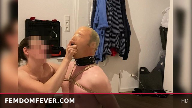 Mistress dominates slave with sensual breathplay and intense deepthroat training in bondage session